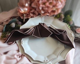Brown Napkins with Pink Border, Modern Retro Table Decor, Elegant 70's Boho Chic