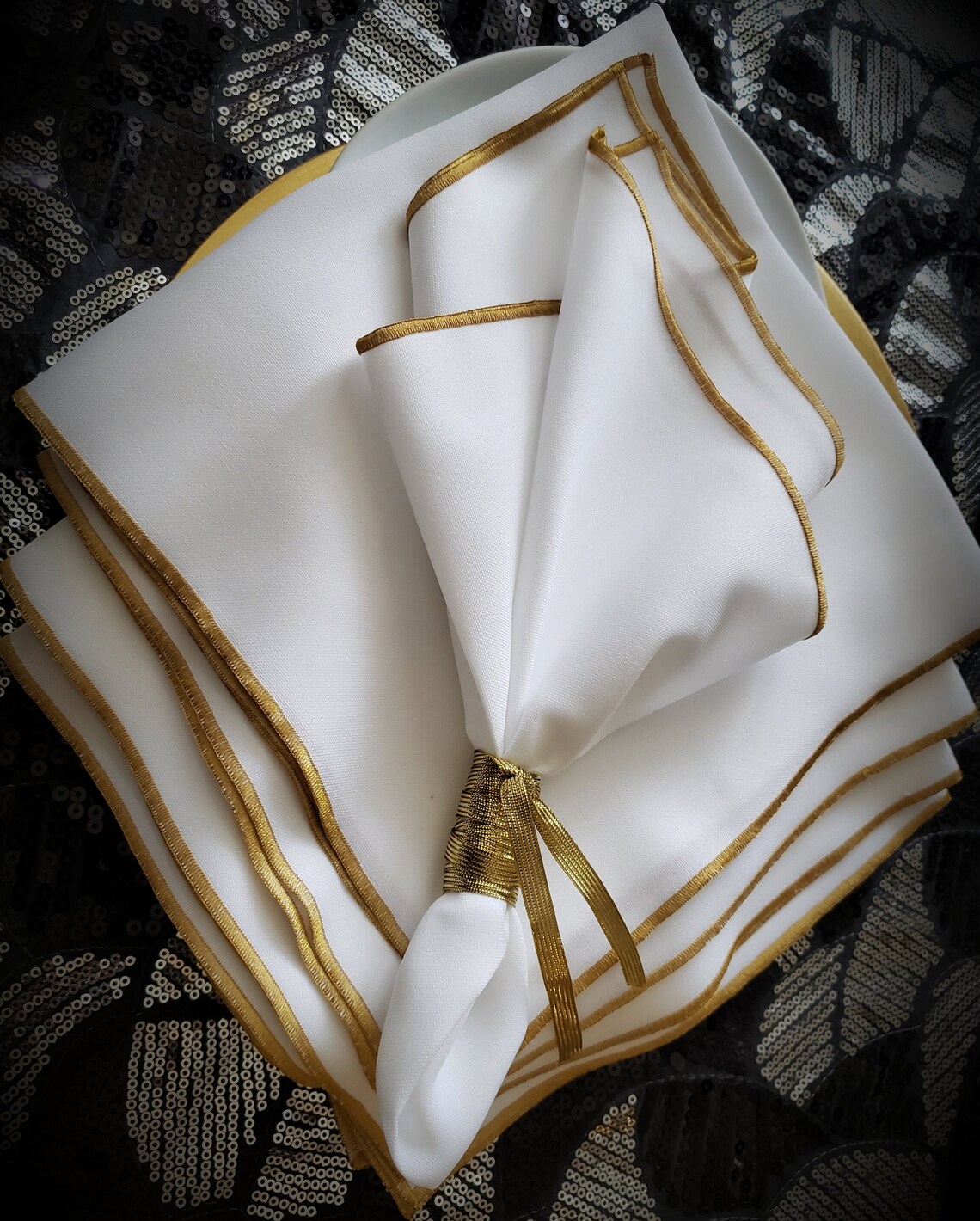 White and Gold Napkin Polyester Dinner Napkin White Dinner Etsy