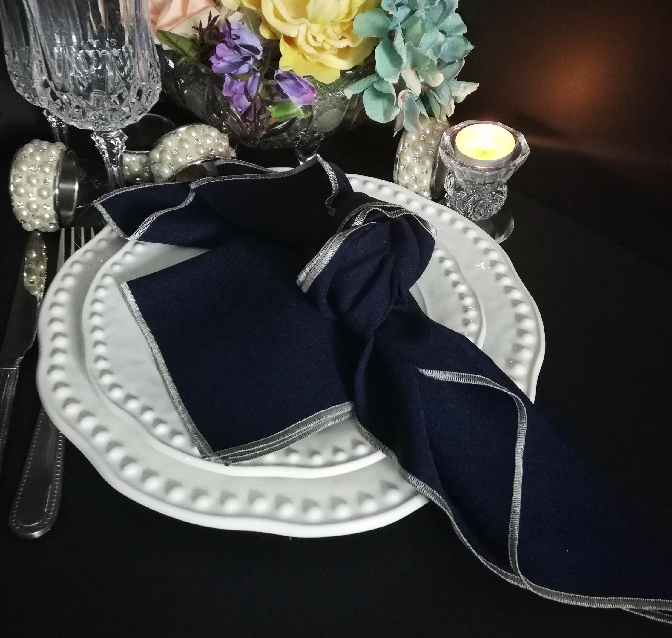 Midnight Blue and Silver Polyester, Cocktail Napkins, and Dinner Napkins