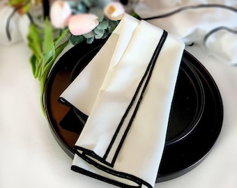 Ivory Dinner Napkins with Bold Black Trim, Bulk Wedding Linens, Elegant Cream Table Decor