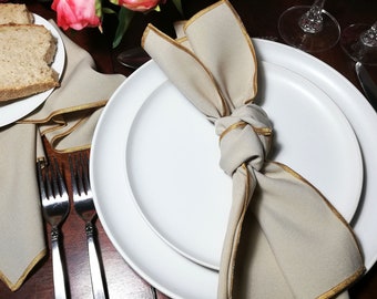 Tan and Gold Napkin, Polyester, Cocktail and Dinner Napkins,  Sand, Light Brown, with Gold Trim