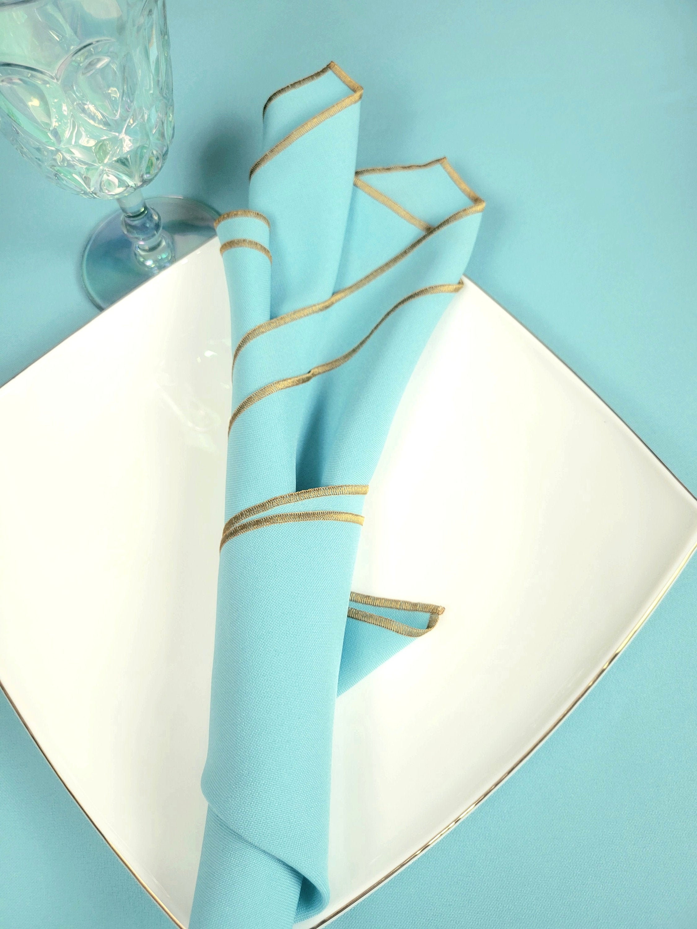 Aqua Blue and Gold Polyester Dinner Napkins Aqua Blue Etsy