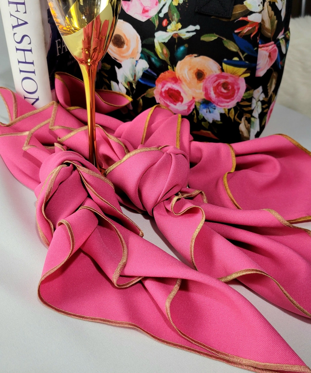 Fuchsia Pink and Gold Napkins, Polyester, Cocktail/dinner Napkins, Hot