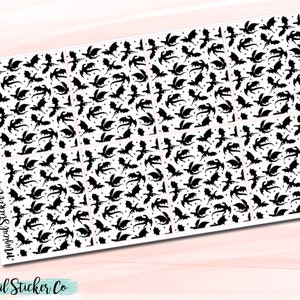 May include: A sheet of stickers with a repeating pattern of black dragon silhouettes and stars on a white background. The word "DRAGON" is printed vertically on the left side. The Magical Sticker Co. logo is at the bottom.