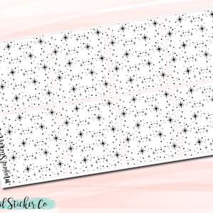 May include: White sticker sheet with a repeating pattern of black stars and dots. The text "PIXIE DUST I" is printed on the left side, along with the "Magical Sticker Co" logo. The stickers are arranged in rectangular sections.