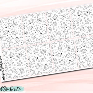 May include: A sheet of stickers with a gingerbread theme. The stickers feature a repeating pattern of gingerbread men, swirls, and dots in black and white. The text "GINGERBREAD" and "Magical Sticker Co" are visible.