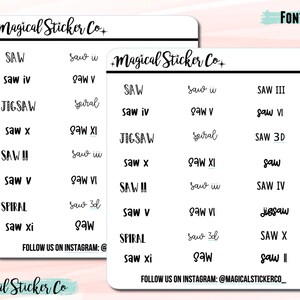May include: Two white sticker sheets with black text featuring the word "SAW" and its sequels in various fonts. The stickers also include the text "JIGSAW" and "SPIRAL". The brand name "Magical Sticker Co" is at the top. The Instagram handle is also included.