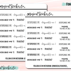 May include: Two sticker sheets with text from the "Despicable Me" franchise. The stickers include phrases like "Despicable Me," "Minions," and "The Rise of Gru." The brand name "Magical Sticker Co" is at the top and bottom of the sheets.