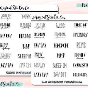 Op de afbeelding: Twee stickervellen met zwarte tekst op een witte achtergrond. De stickers bevatten zinnen als "YouTube binge", "Work", "Organize stickers" en "Pay Day". De merknaam "Magical Sticker Co" staat bovenaan elk vel. De Instagram-handle is ook opgenomen.