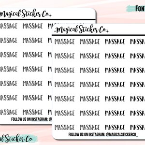 May include: Two sticker sheets with the word "MASSAGE" printed repeatedly in a black, bold font. The text "Magical Sticker Co" is at the top, and "FOLLOW US ON INSTAGRAM: @MAGICALSTICKERCO_" is at the bottom. A small text box reads "FONT 1".
