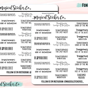May include: Two sticker sheets with various Transformers-themed text in black font. The text includes "Transformers," "Bumblebee," and movie titles like "Age of Extinction" and "Dark of the Moon." The brand name "Magical Sticker Co" is at the top, with an Instagram handle at the bottom.