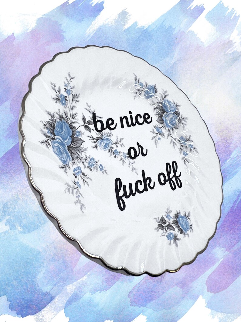 Be Nice 6” Decorative Plate | Rude Home Art New House | Funny Kitchen Art | Sarcastic Gift for Friend | One of a Kind Offensive China image 2
