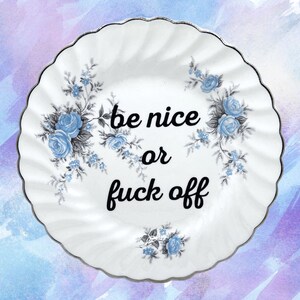 Be Nice 6” Decorative Plate | Rude Home Art New House | Funny Kitchen Art | Sarcastic Gift for Friend | One of a Kind Offensive China image 1