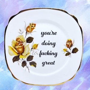 Doing Great 6” Decorative Plate | Sarcastic Dish | Unique Home Decor Idea | Rude Vintage China | Cute Sassy Entryway Art | Welcome Sign