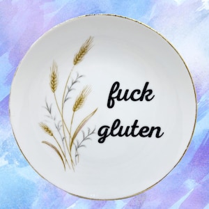 F Gluten 6” Decorative Plate | Sarcastic Dish | Unique Home Decor Idea | Rude Vintage China | Cute Sassy Entryway Art | Welcome Sign