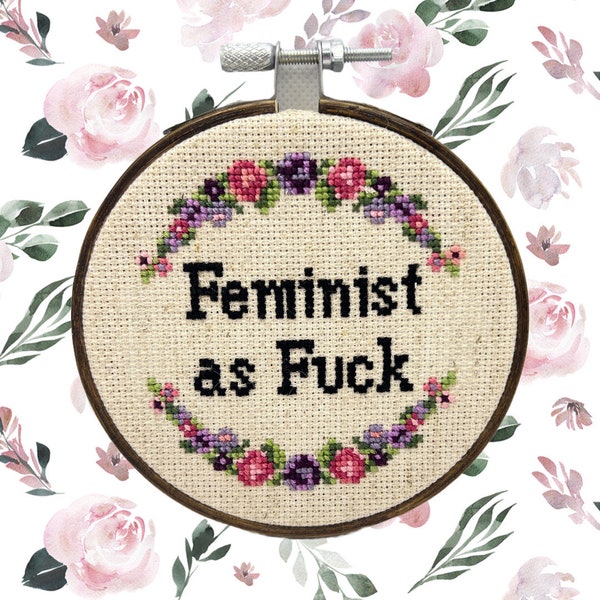 Feminist AF Cross Stitch (4 Inch) - Completed Cross Stitch | Sassy Cross Stitch | Framed in Embroidery Hoop | Cute Wall Decor | Gift For Her