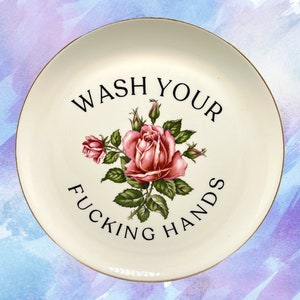 Wash Your Hands 9.5” Decorative Plate | Funny Bathroom Wall Art | Sassy Home Decor | Rude Housewarming Gift for Friend | Edgy Vintage China