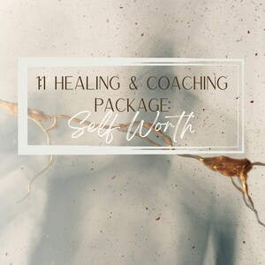 May include: A white rectangle with a brown border contains the text "11 HEALING & COACHING PACKAGE: Self Worth". The text is in a serif font. The background is a light blue with a subtle speckled pattern.