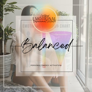 May include: A woman sits in front of a window with a poster behind her that reads "Certified Emotional Empowerment Activator" and "Emotional Vibration Chart". The poster features a rainbow-coloured funnel with the word "Balanced" written across it. The poster also includes a diagram of a human body with different coloured circles around it. The text "Personal Energy Activation" is at the bottom of the poster.