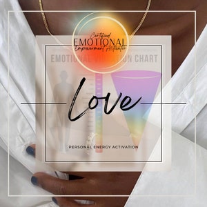 May include: A white and gold necklace with a pendant that says "Certified Emotional Empowerment Activator" and "Emotional Activation Chart" with a rainbow coloured funnel and the word "Love" written in black cursive.