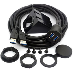May include: Black USB 3.0 extension cable with two USB ports and a mounting bracket. Includes mounting hardware and a protective cover. The USB ports have blue inserts.