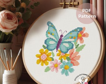 Floral Butterfly Cross Stitch Pattern: Botanical Design (PDF Download