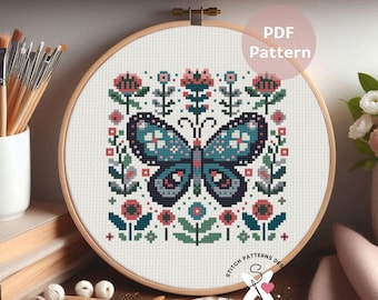 Blue Butterfly Cross Stitch Pattern: Modern Floral Design (PDF Pattern)
