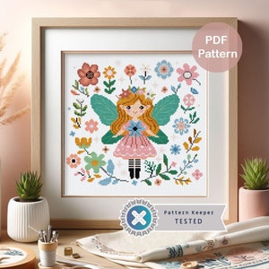 Cute Fairy Cross Stitch Pattern, Modern Floral Design (PDF Pattern)