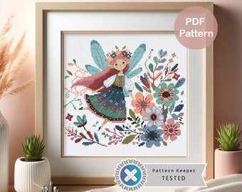 Fairy with Flowers Cross Stitch Pattern: Modern Floral Design (PDF Pattern)