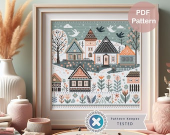 Winter Village Cross Stitch Pattern: Landscape Design (PDF Pattern)