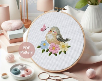 Bird with flowers PDF cross stitch pattern | Bird Cross stitch Pattern | Instant download
