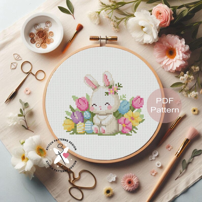 Easter Bunny Cross Stitch Pattern, Spring Flowers (PDF Pattern) - Etsy