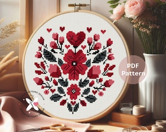 Modern Floral Cross Stitch Pattern: Red Flowers Design (PDF Download)