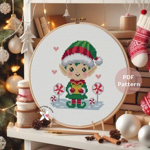 Christmas Elf Cross Stitch Pattern, Holiday Embroidery (PDF Pattern)