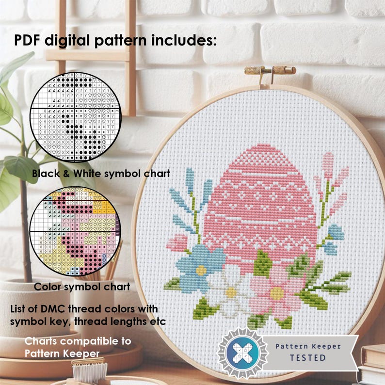 Pink Easter Egg Cross Stitch Pattern: Floral DIY Embroidery (PDF Pattern) image 2