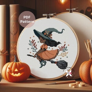 Cute Witch PDF cross stitch pattern | Halloween Cross stitch Pattern | Instant download