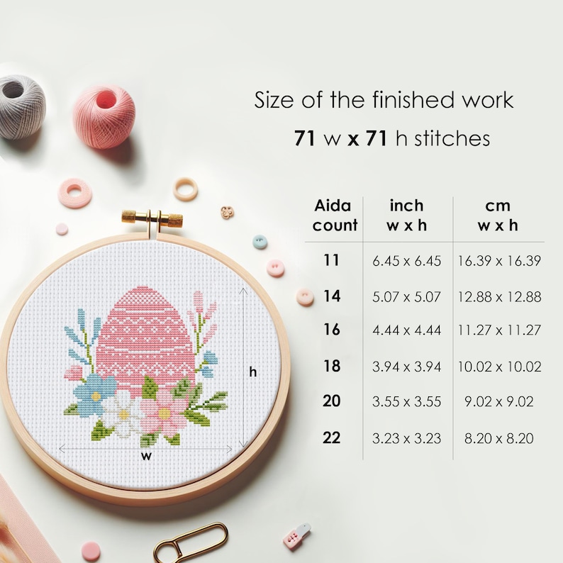 May include: A cross stitch pattern of a pink Easter egg with flowers and leaves. The pattern is 71 stitches wide by 71 stitches high. The image shows the finished size of the pattern on different Aida counts, ranging from 11 to 22 count. The finished size is shown in inches and centimeters.