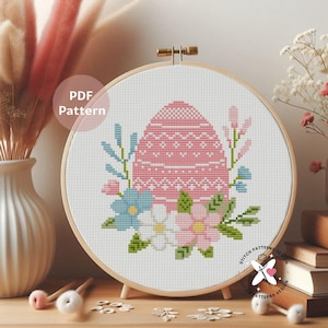 Pink Easter Egg Cross Stitch Pattern: Floral DIY Embroidery (PDF Pattern) image 1
