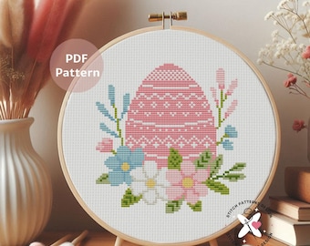 Pink Easter Egg Cross Stitch Pattern: Floral DIY Embroidery (PDF Pattern)