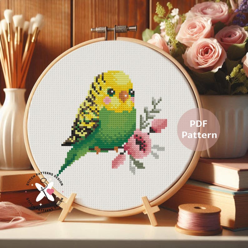 Green Budgie Cross Stitch Pattern: Bird Embroidery Design (PDF Pattern ...