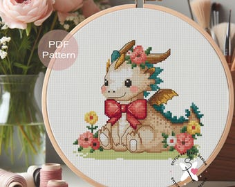 Dragon Cross Stitch Pattern, Spring Floral Embroidery (PDF Pattern)