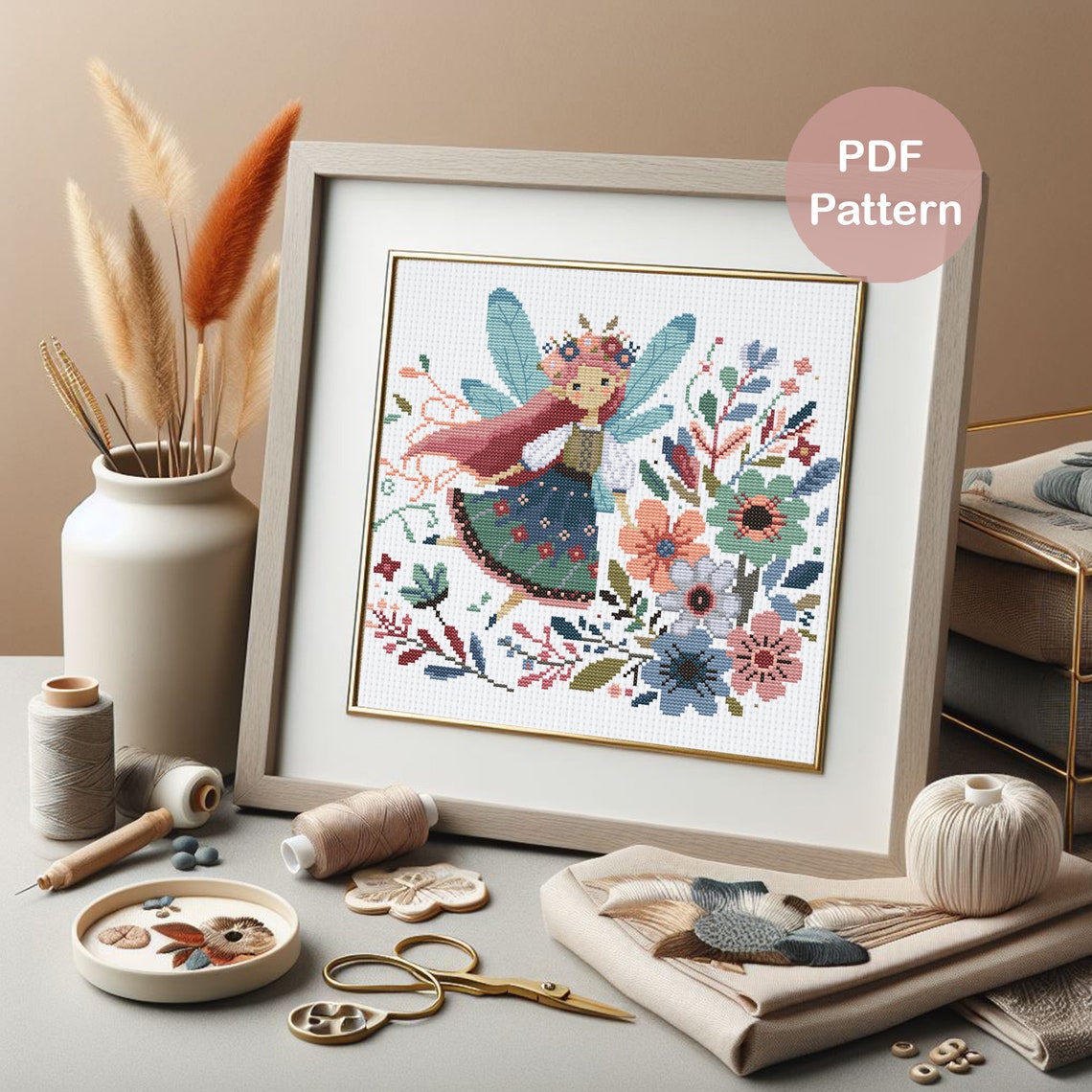 Fairy With Flowers Cross Stitch Pattern PDF Modern Cross Stitch Pattern ...
