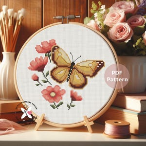 Yellow Butterfly Cross Stitch Pattern, Floral Embroidery Design (PDF Download)