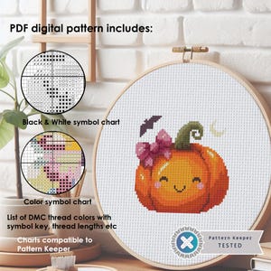 May include: A digital cross-stitch pattern for a cute pumpkin with a bow and a bat. The pattern includes a black and white symbol chart, a color symbol chart, and a list of DMC thread colors with a symbol key, thread lengths, and more. The pattern is compatible with Pattern Keeper software.