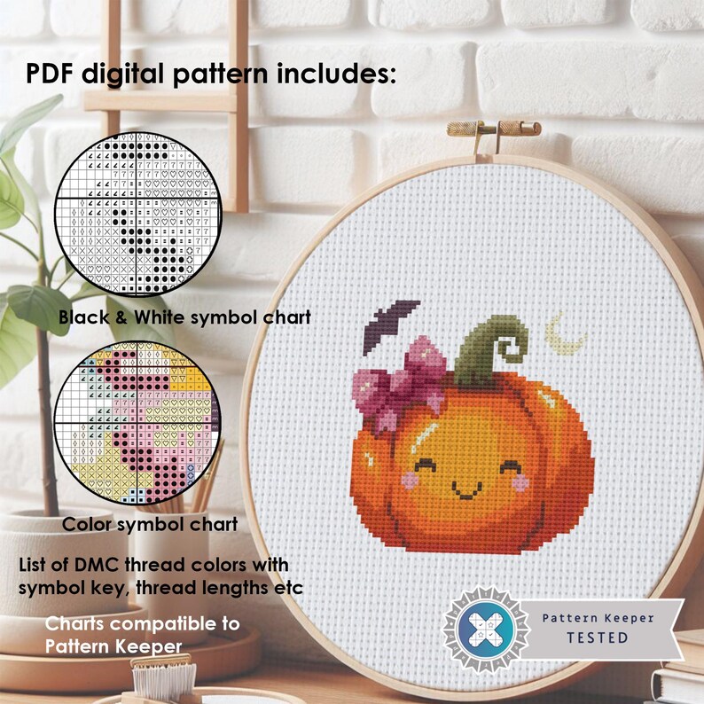 May include: A digital cross-stitch pattern for a cute pumpkin with a bow and a bat. The pattern includes a black and white symbol chart, a color symbol chart, and a list of DMC thread colors with a symbol key, thread lengths, and more. The pattern is compatible with Pattern Keeper software.