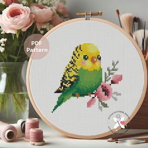 Kruissteekpatroon groene grasparkiet: borduurontwerp vogel (pdf-patroon)