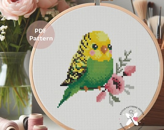 Green Budgie Cross Stitch Pattern: Bird Embroidery Design (PDF Pattern)