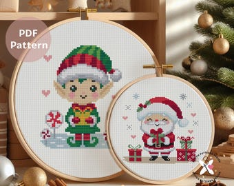 Patrón de punto de cruz navideño: Adornos de Papá Noel y elfo (Descarga PDF)