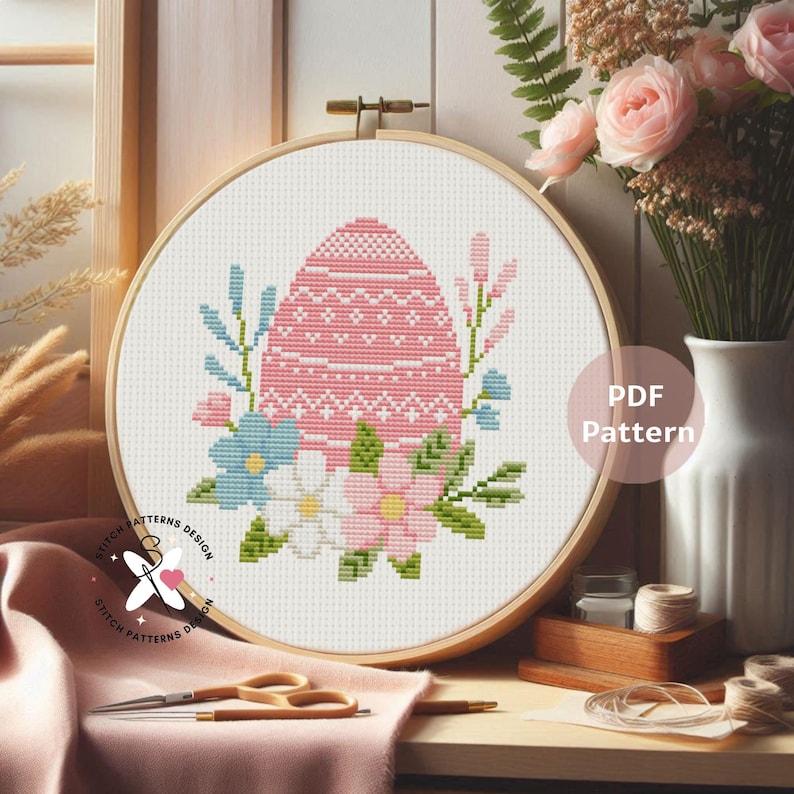 Pink Easter Egg Cross Stitch Pattern: Floral DIY Embroidery (PDF Pattern) image 8
