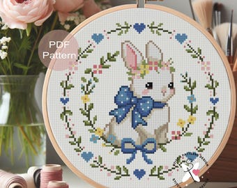 Hase mit blauer Schleife Kreuzstichmuster - Anfängerfreundliche Stickerei (PDF-Muster)